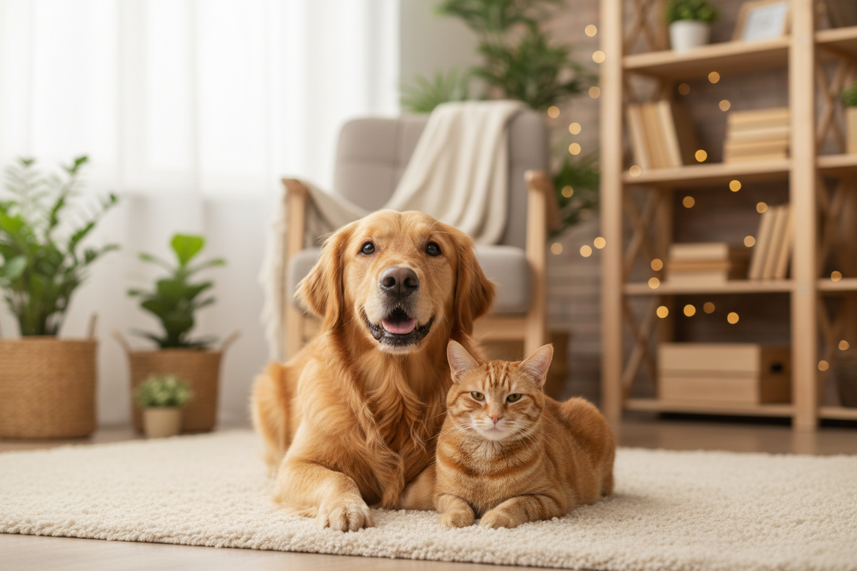 A heartwarming scene of a happy golden retriever dog and an orange tabby cat sitting close together, both looking at the camera with friendly expressions, in a cozy home environment with soft natural window light, warm color palette, professional pet photography, sharp focus on faces, bokeh background, inviting and friendly atmosphere, high quality 8K